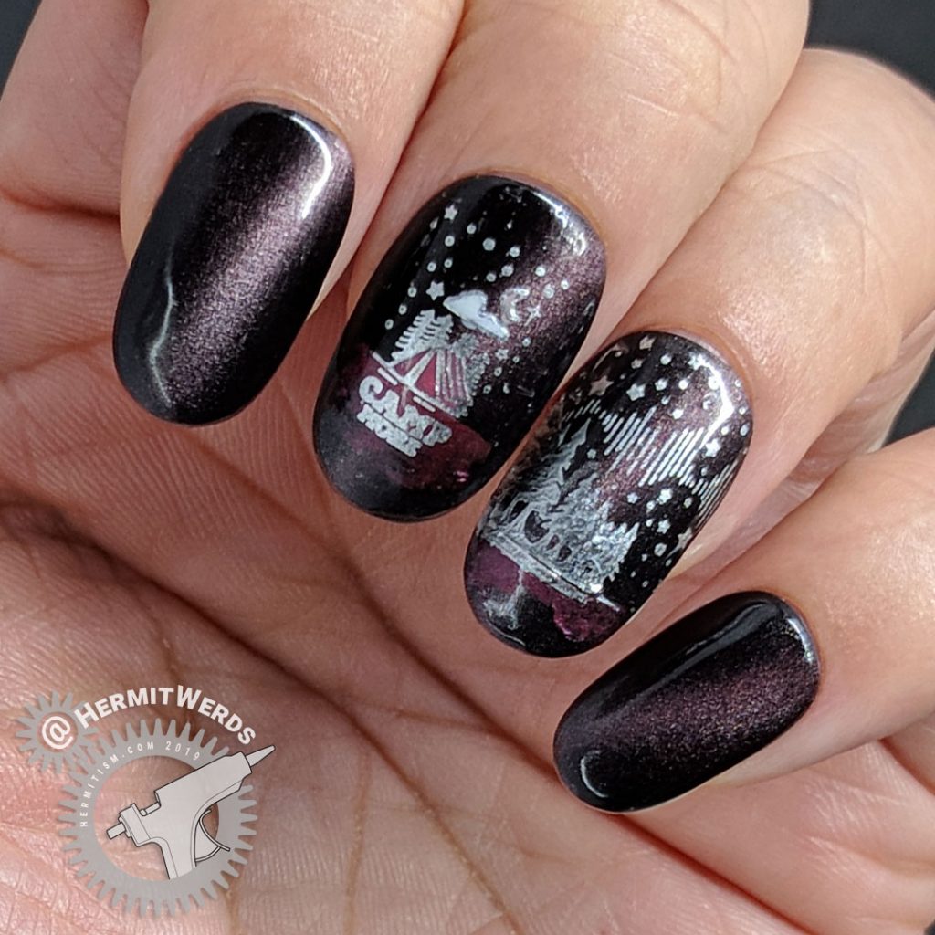 Camping themed nail art with a night sky on a soft magenta magnetic polish.