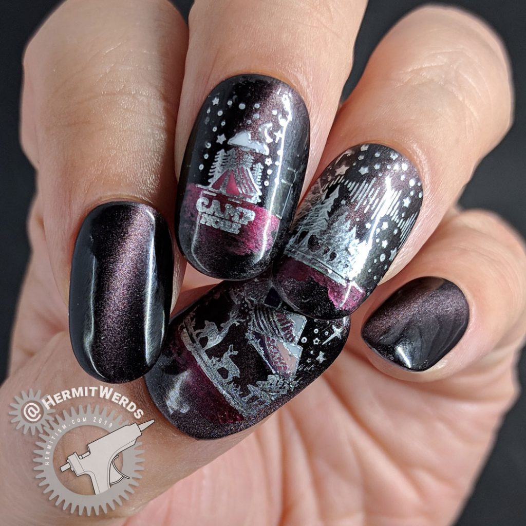 Camping themed nail art with a night sky on a soft magenta magnetic polish.