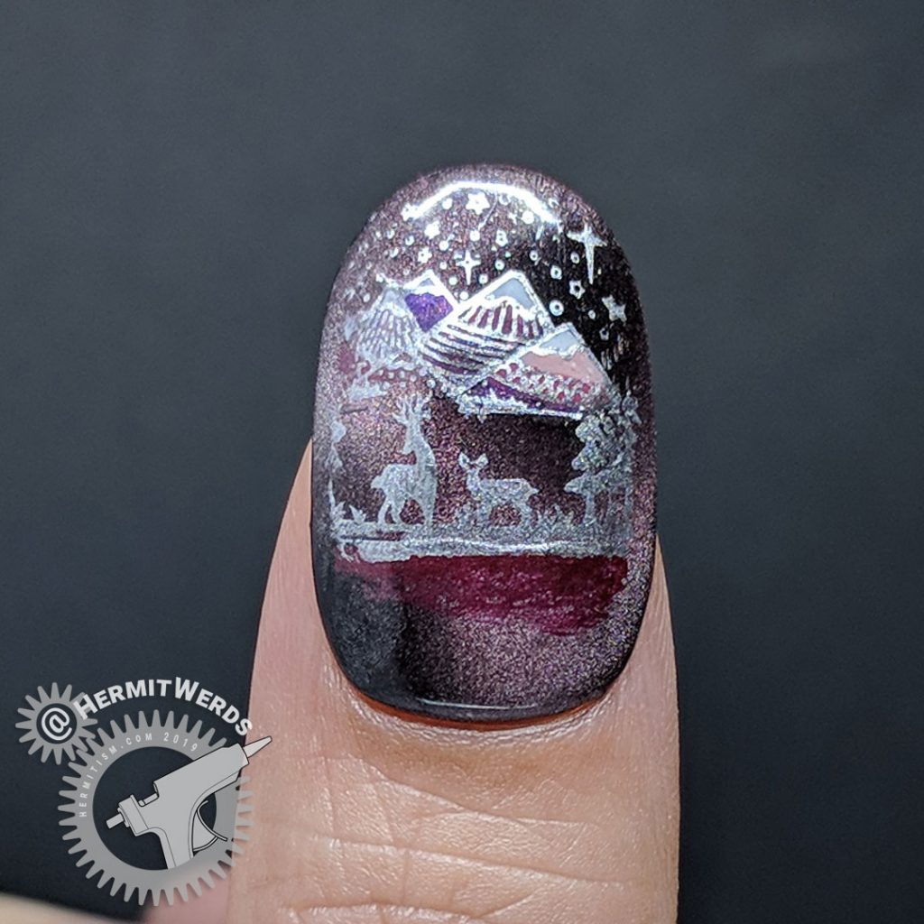 Camping themed nail art with a night sky on a soft magenta magnetic polish.