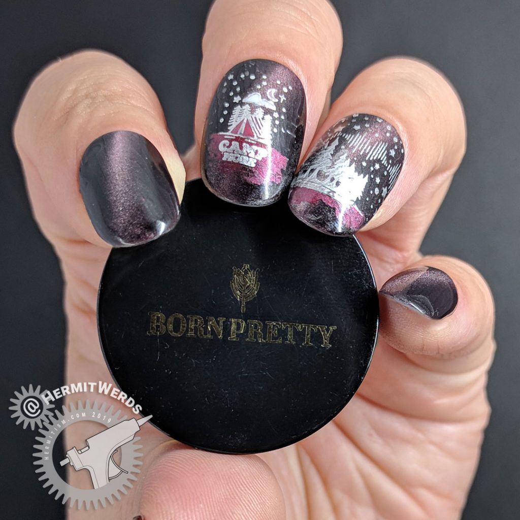 Camping themed nail art with a night sky on a soft magenta magnetic polish.