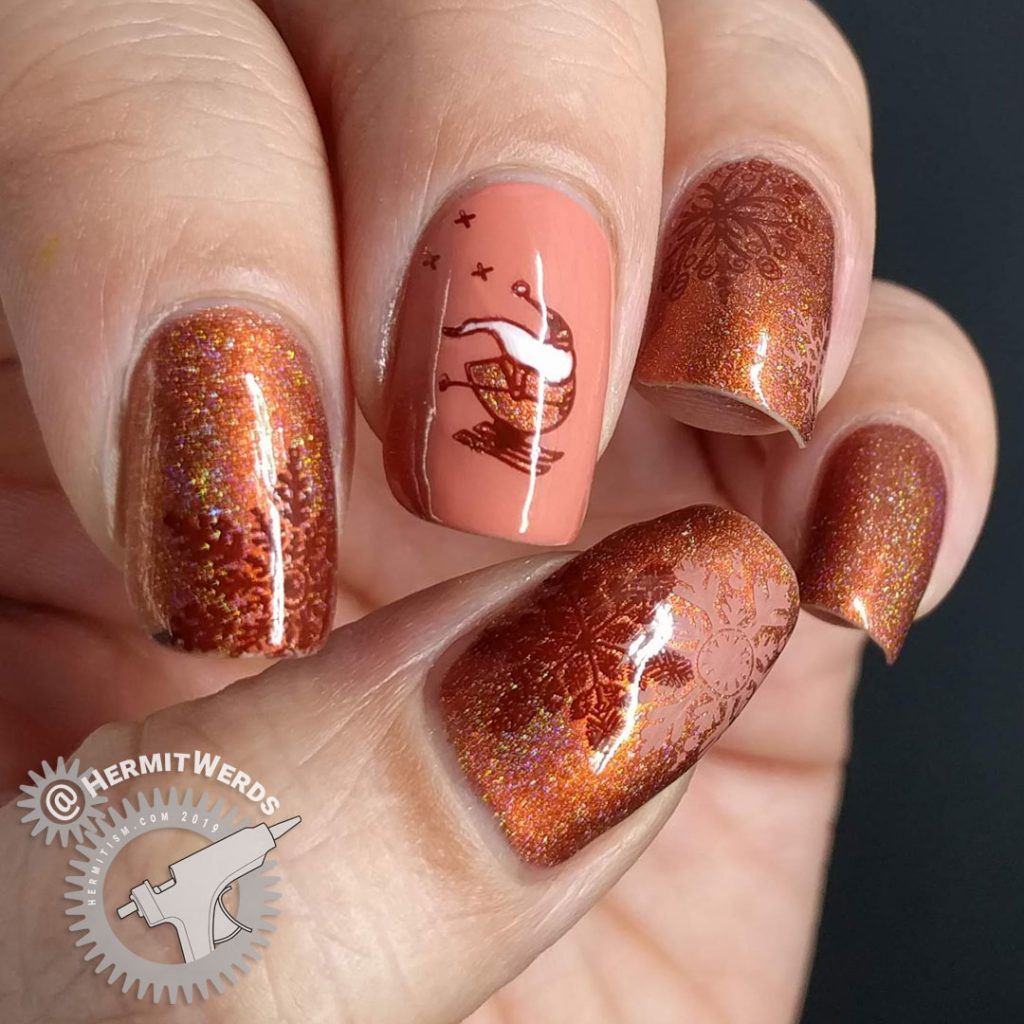 Adorable skiing Santa nail art with an orange holographic color scheme and snow flake stamps.