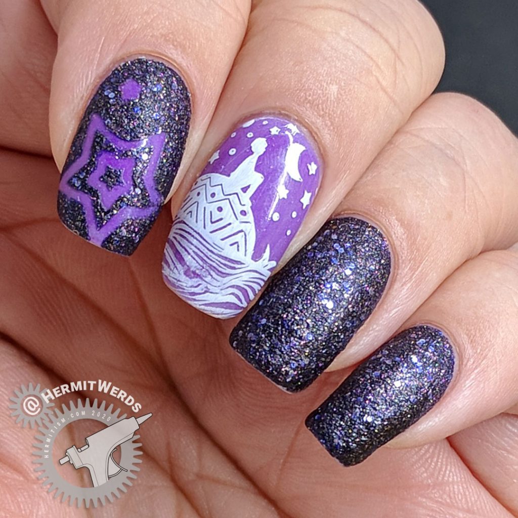 Dreamy purple glow in the dark nail art with a child stargazing on the back of a whale.