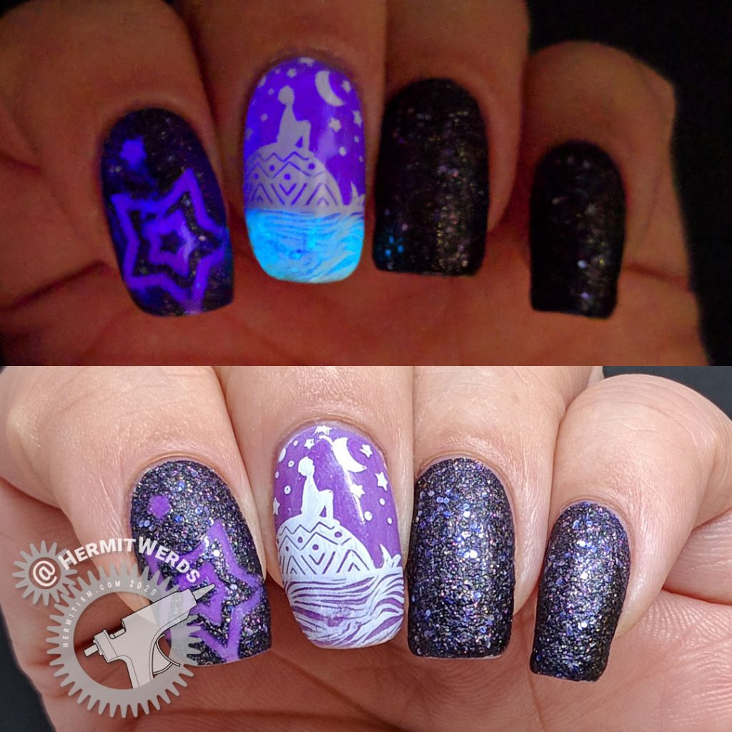 Dreamy purple glow in the dark nail art with a child stargazing on the back of a whale.