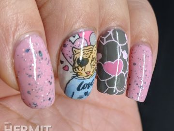 Soft pink and grey nail art with handsome tiger suitor and heart pattern.