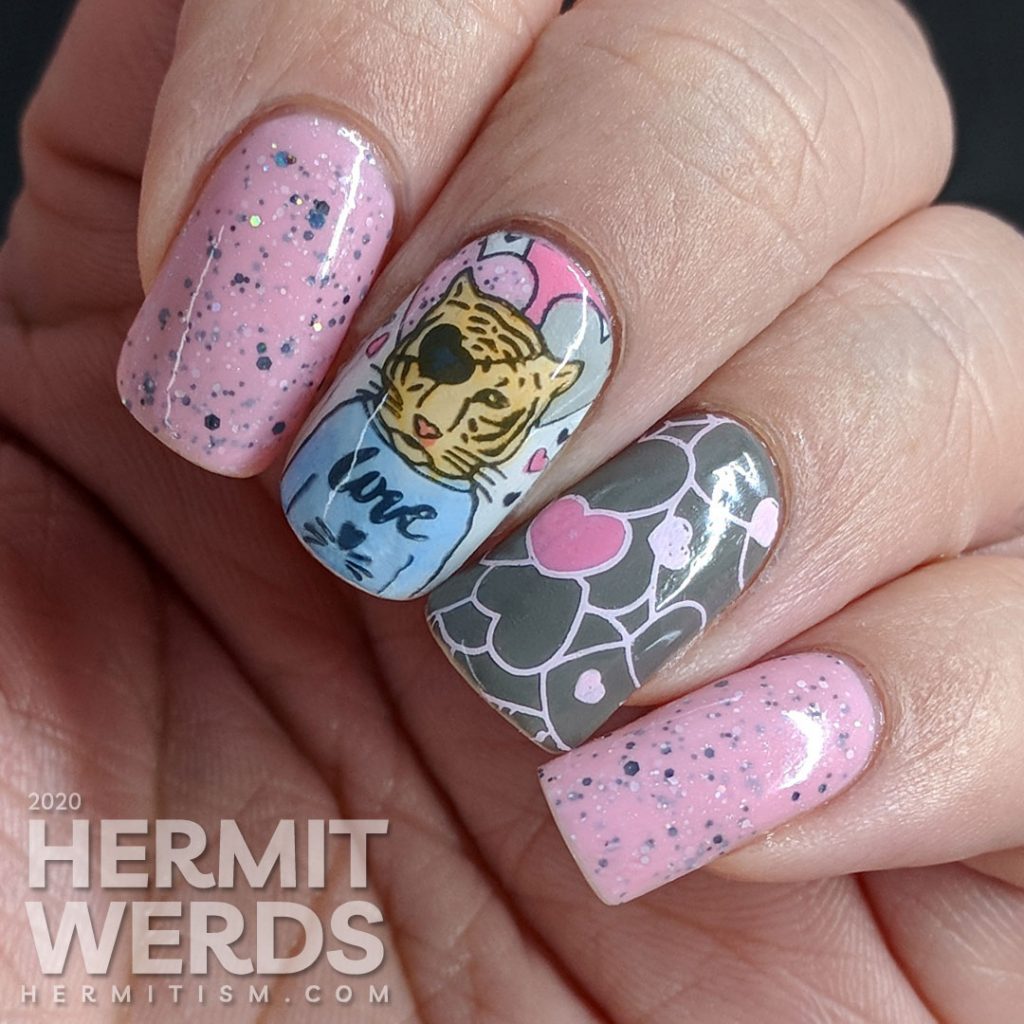 Soft pink and grey nail art with a handsome tiger suitor and heart pattern.