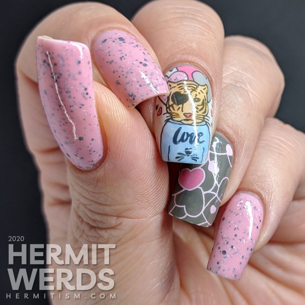 Soft pink and grey nail art with a handsome tiger suitor and heart pattern.