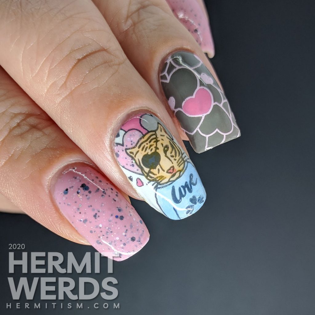 Soft pink and grey nail art with a handsome tiger suitor and heart pattern.