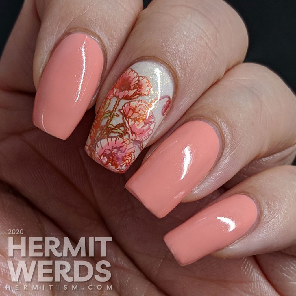 Soft peachy pink nail art with poppy reverse stamped accent nails.