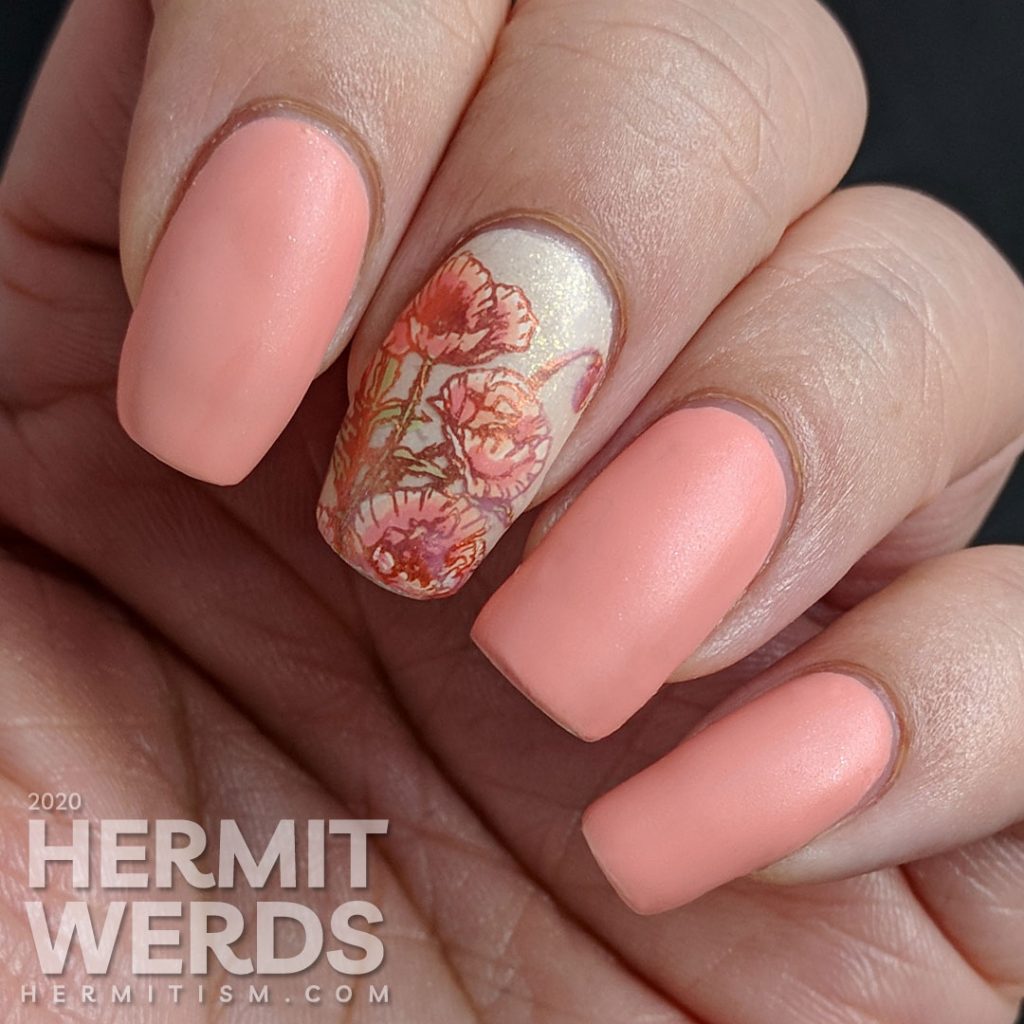 Soft peachy pink nail art with poppy reverse stamped accent nails.