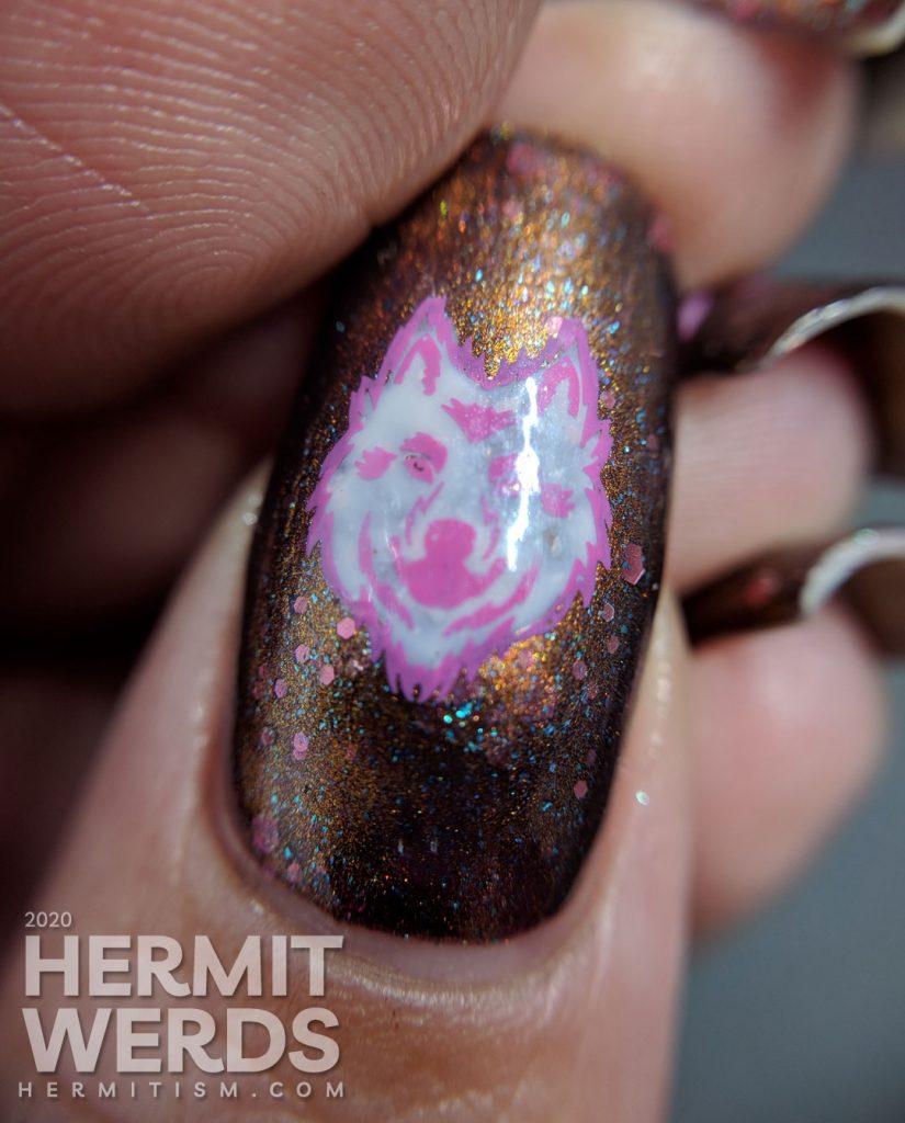 Coppery magnetic nail art with spirit animal wolf stamping images (or werewolf if that's how you see it).