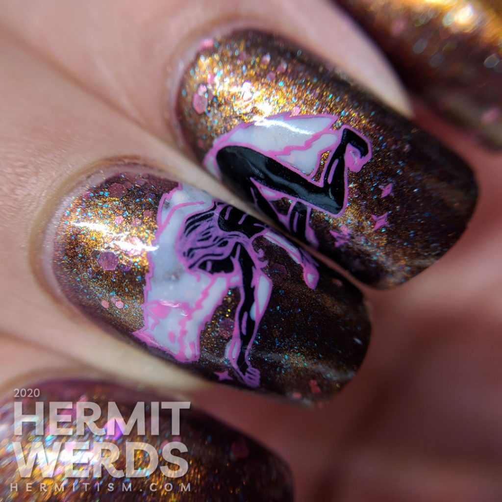 Coppery magnetic nail art with spirit animal wolf stamping images (or werewolf if that's how you see it).