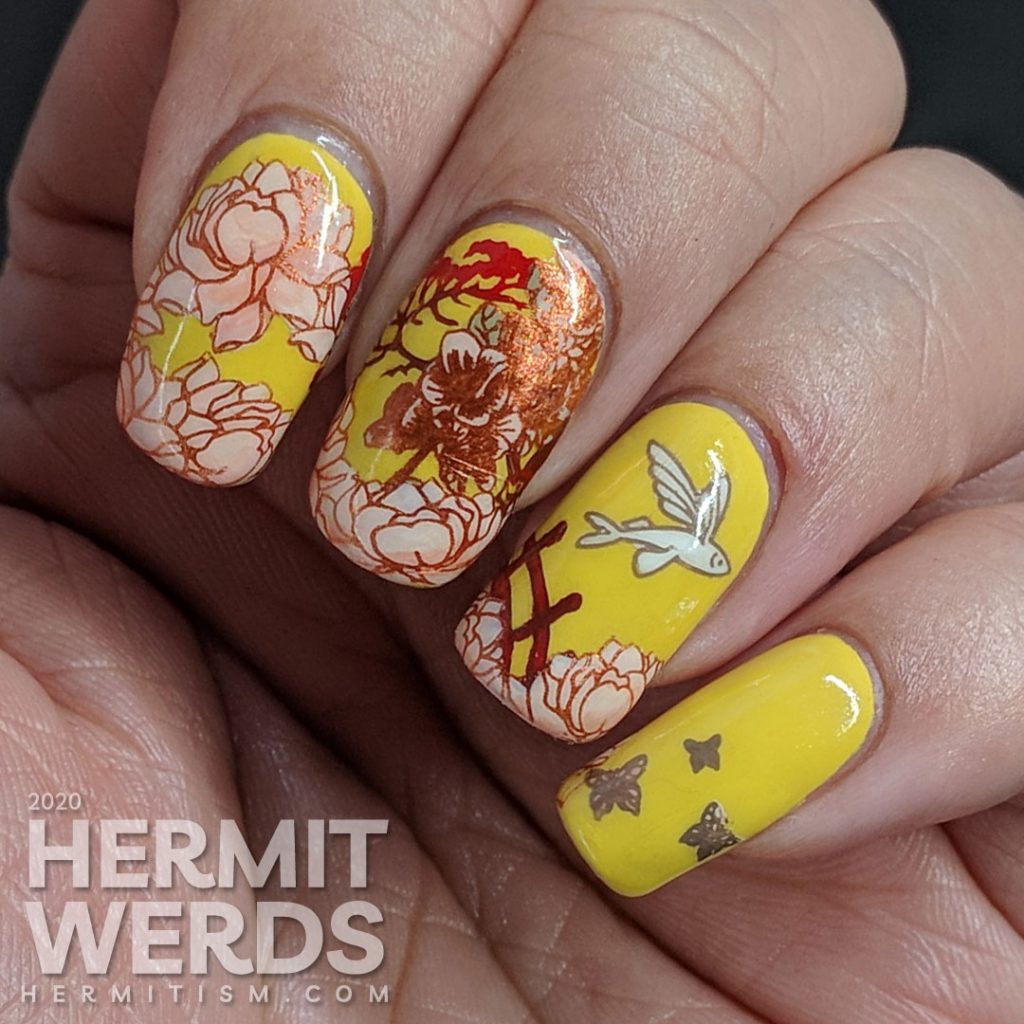 Ornate orientalesque nail art on a mustard background with a bridge, flying fish, gardenias, and a Japanese maple.