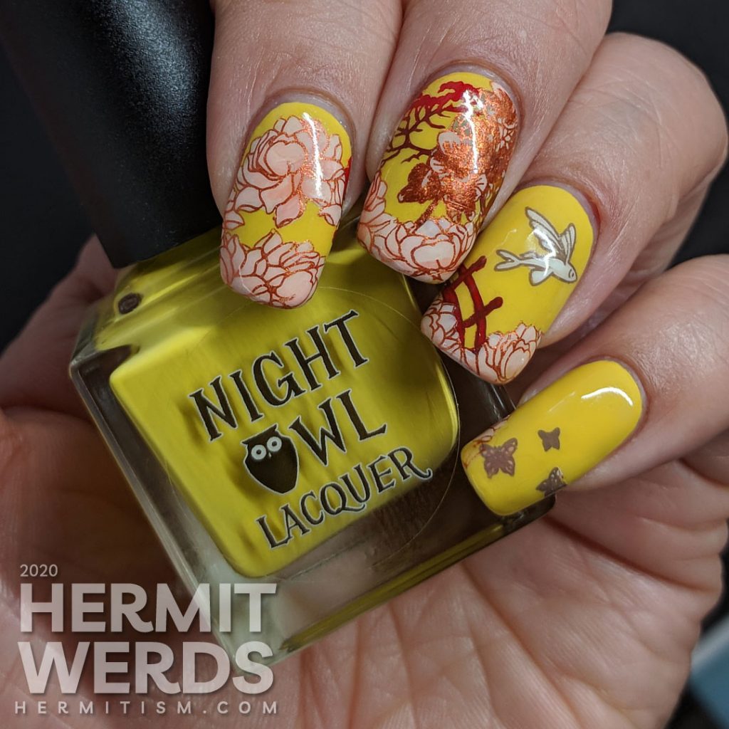 Ornate orientalesque nail art on a mustard background with a bridge, flying fish, gardenias, and a Japanese maple.