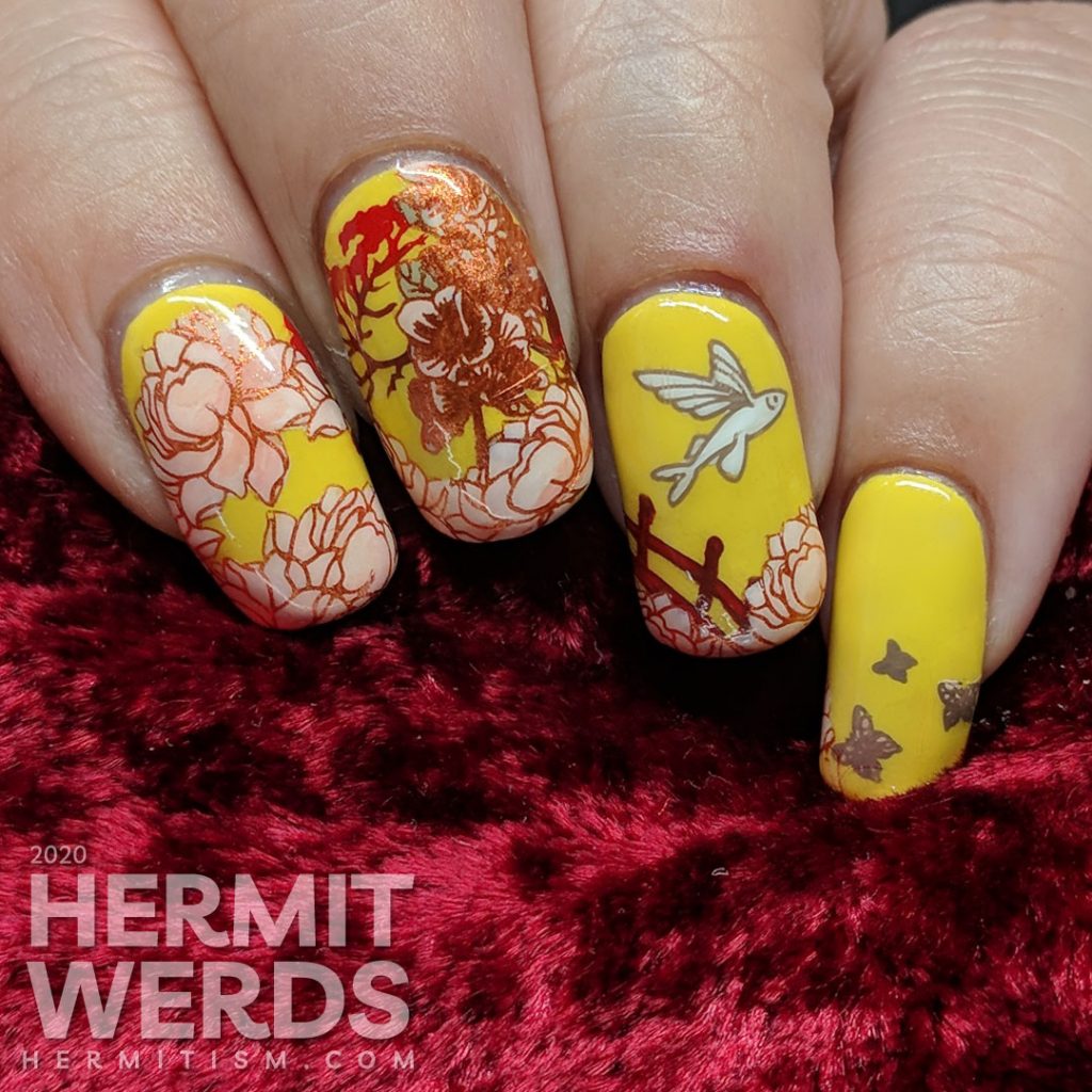 Ornate orientalesque nail art on a mustard background with a bridge, flying fish, gardenias, and a Japanese maple.