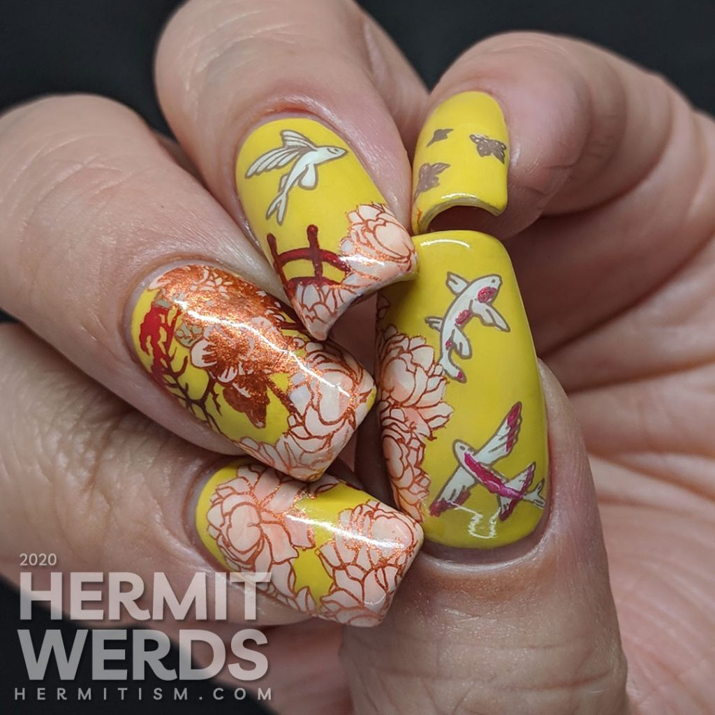 Ornate orientalesque nail art on a mustard background with a bridge, flying fish, gardenias, and a Japanese maple.