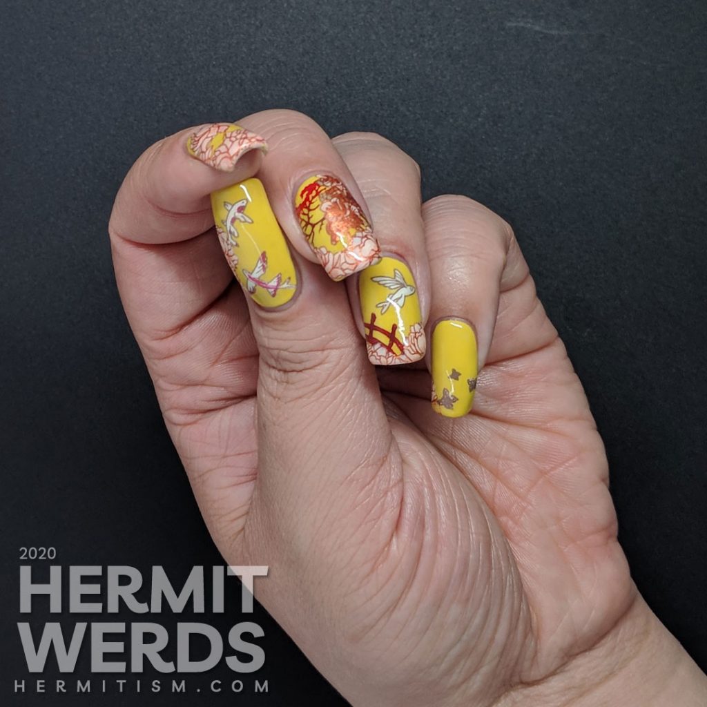 Ornate orientalesque nail art on a mustard background with a bridge, flying fish, gardenias, and a Japanese maple.