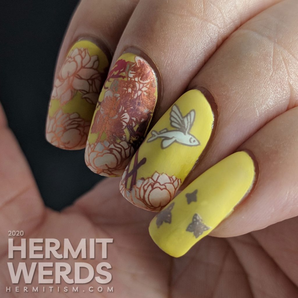 Ornate orientalesque nail art on a mustard background with a bridge, flying fish, gardenias, and a Japanese maple.