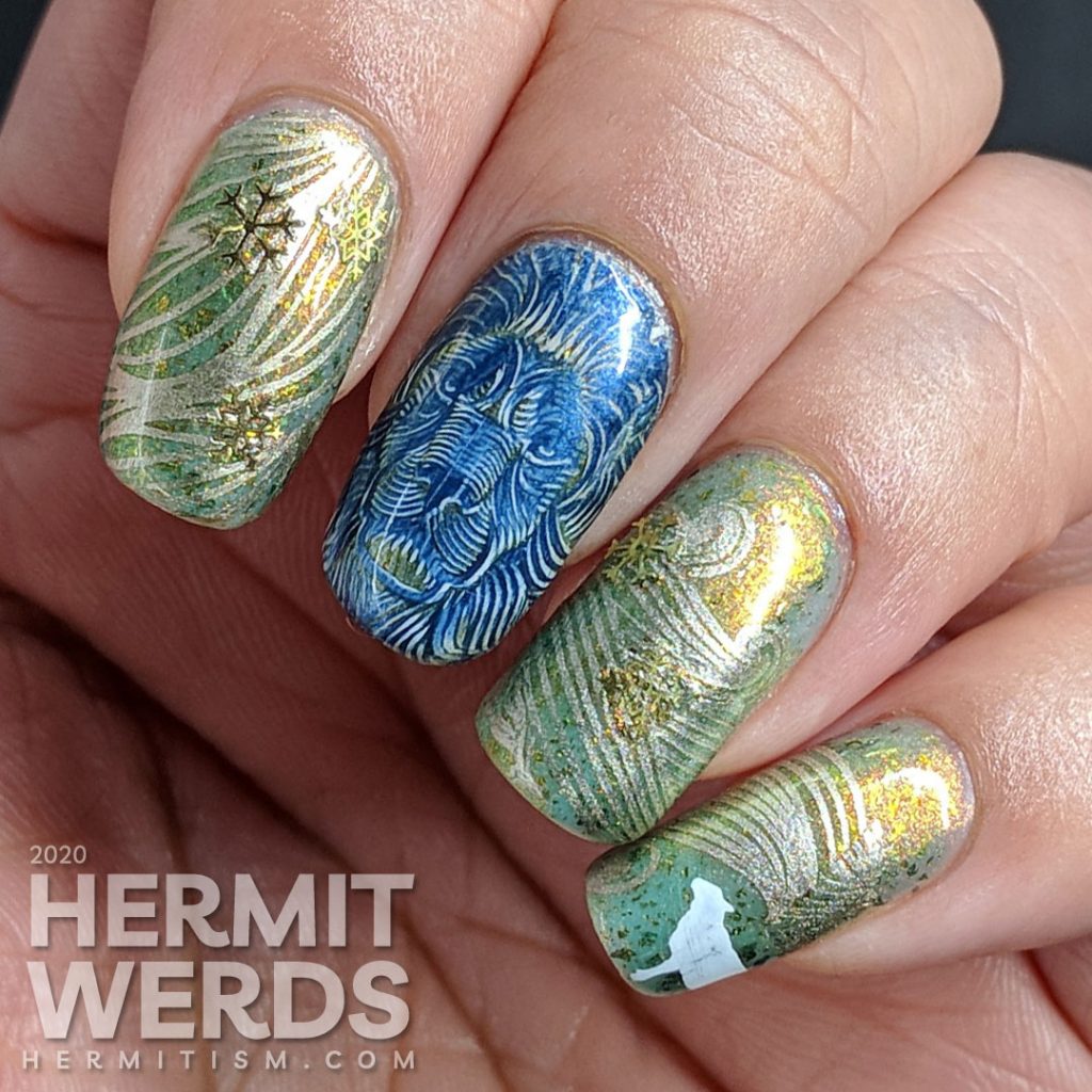 Medium green nail art full of windy patterns and a bold winter lion slowly turning into a gentle white lamb.