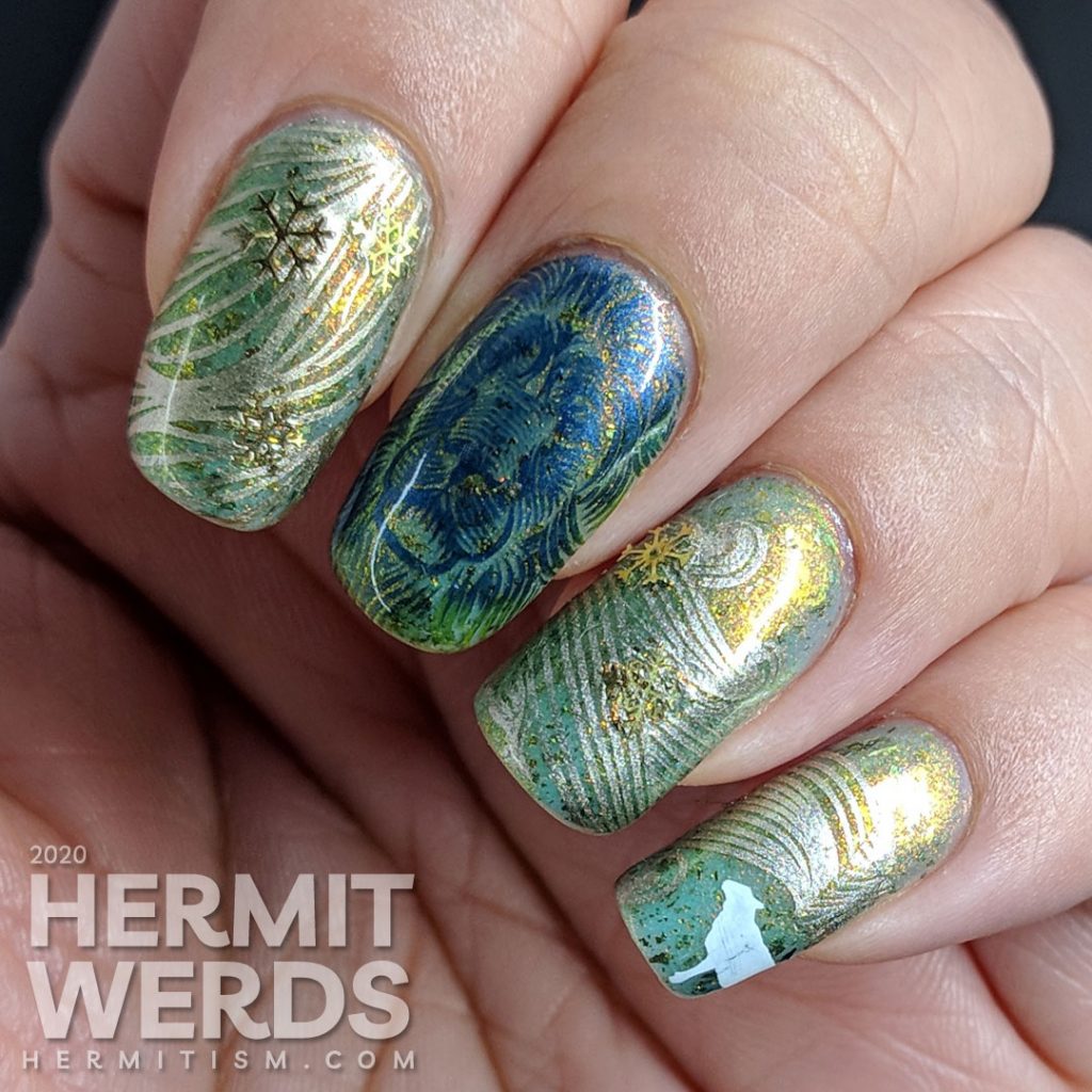 Medium green nail art full of windy patterns and a bold winter lion slowly turning into a gentle white lamb.