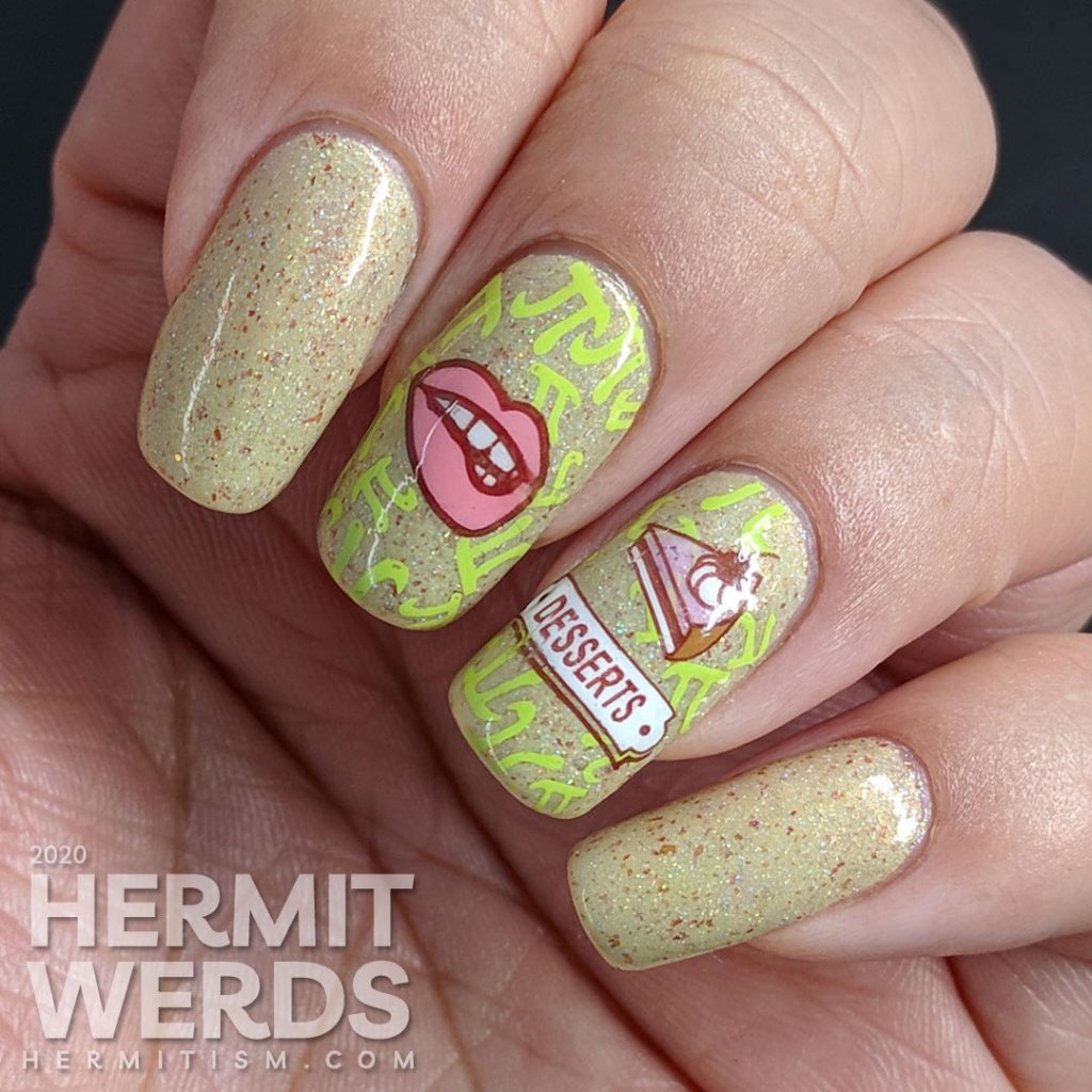 Pi Day nail art with a cream colored background π symbols and pie-related stamping decals.