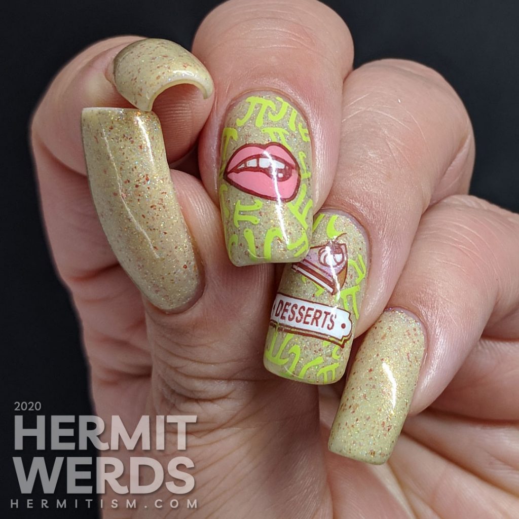 Pi Day nail art with a cream colored background π symbols and pie-related stamping decals.