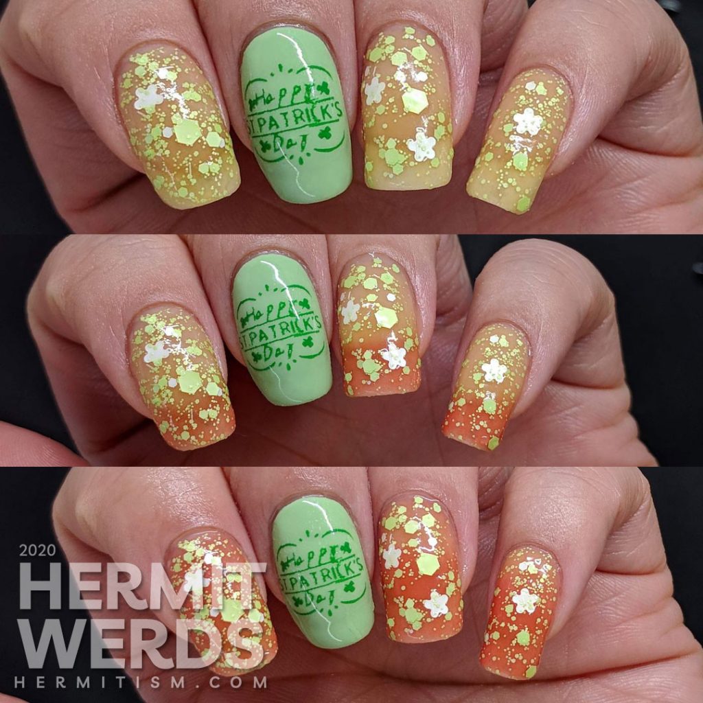 Seemingly green St Patrick's Day nail art with clover which has a pink thermal polish secret.