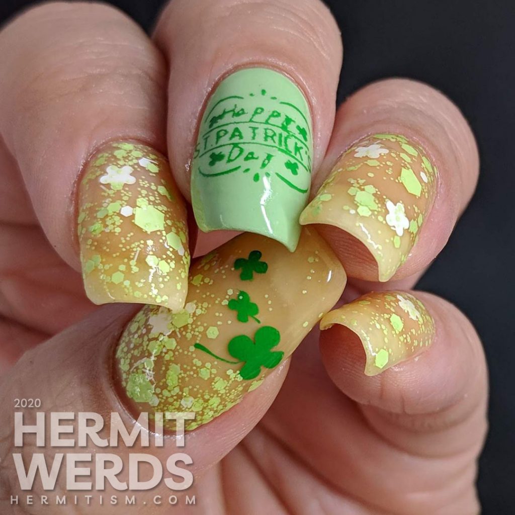 Seemingly green St Patrick's Day nail art with clover which has a pink thermal polish secret.