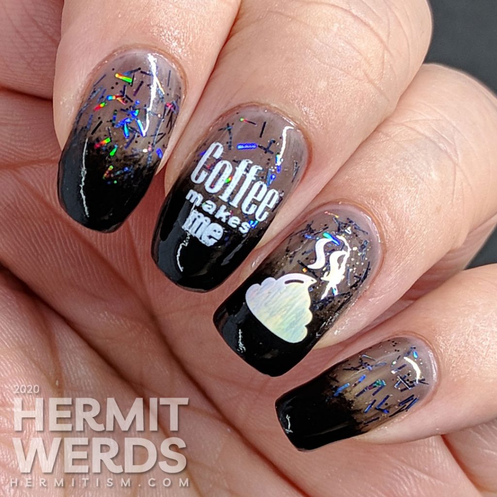 Funny coffee nail stamping decals over black baby boomer french tips with rainbowy bar glitter.