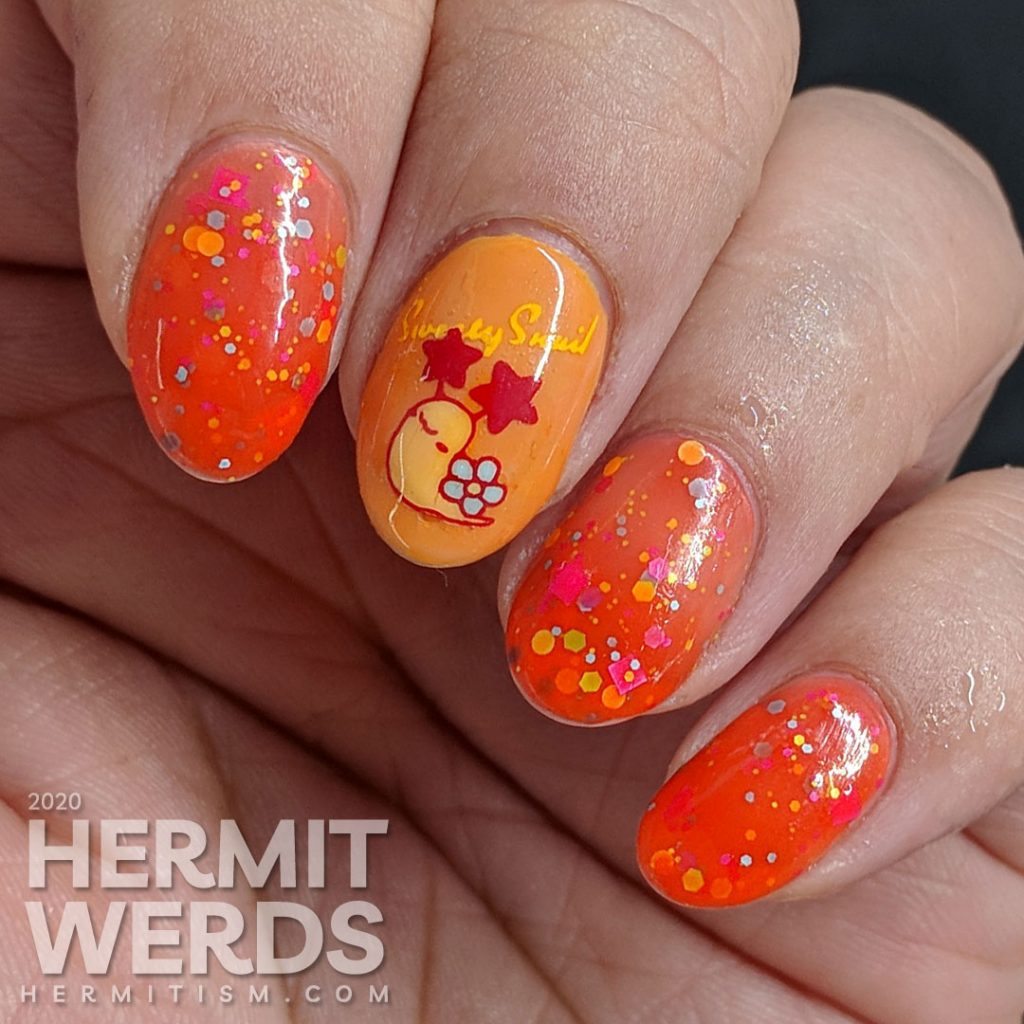 Cute little flower-shelled snail paired with a bright orange to nude crelly polish packed with colorful glitter.