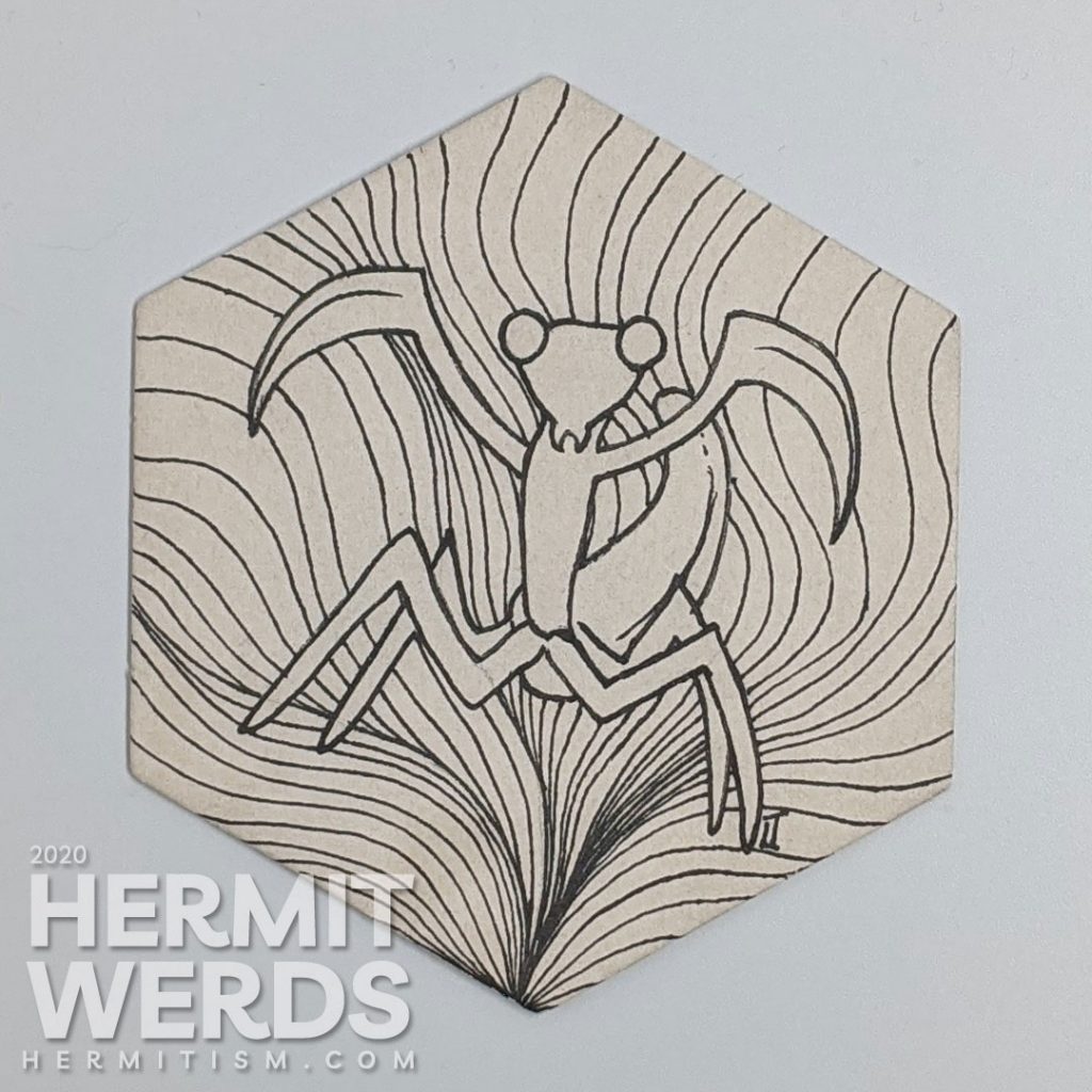 A blade-wielding praying mantis defends against a background of an unknown Zentangle pattern.