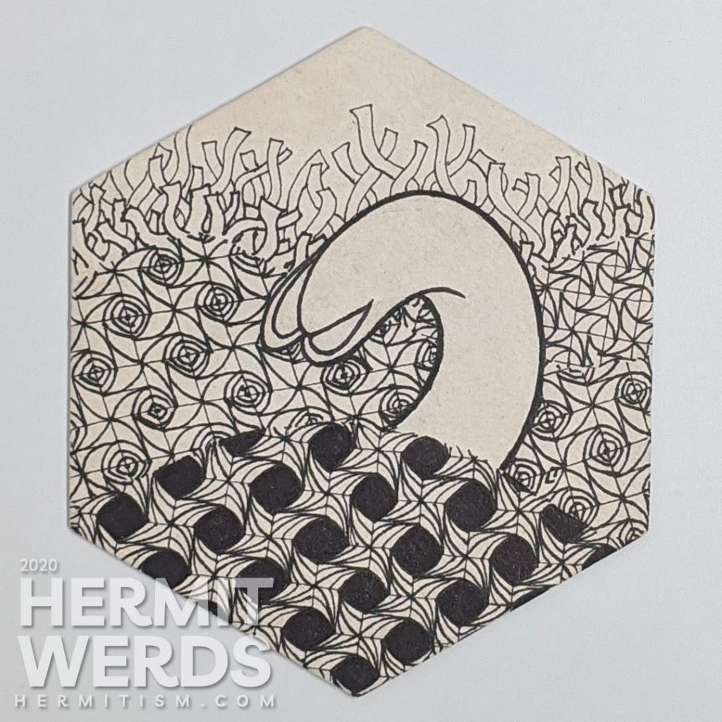 A sandworm from Dune against a background of Bumper and hills of Windmill and Windmill variant Zentangle patterns.