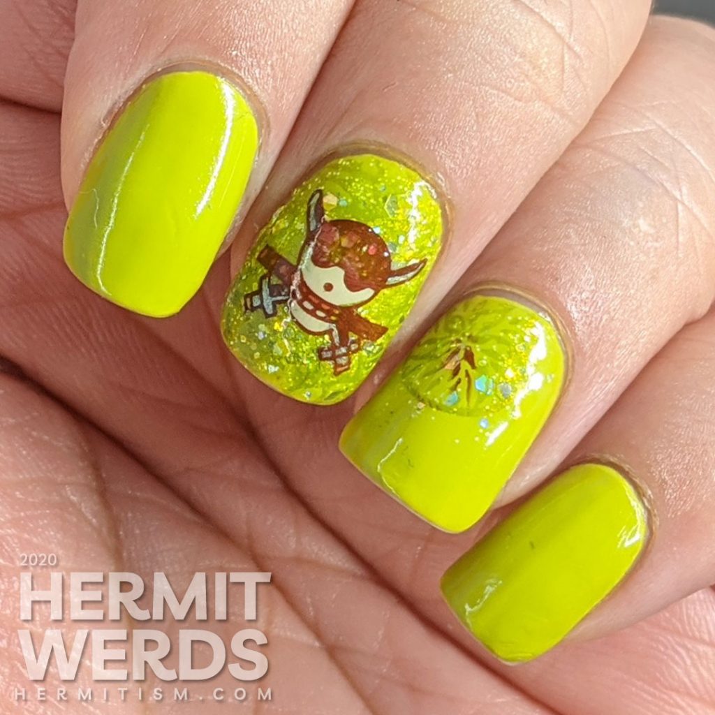 Bright celery green nail art with a skull and crossed swords stamped on top.