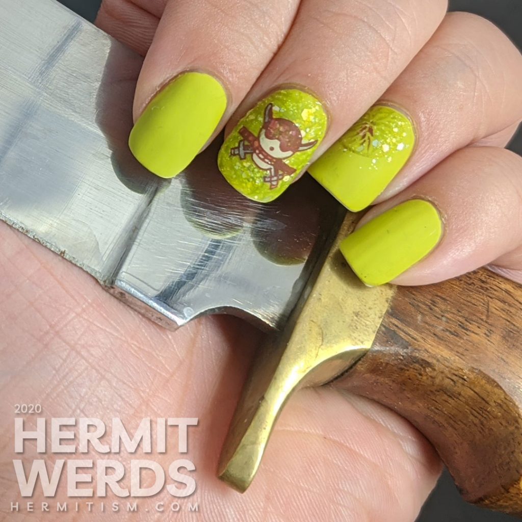 Bright celery green nail art with a skull and crossed swords stamped on top.