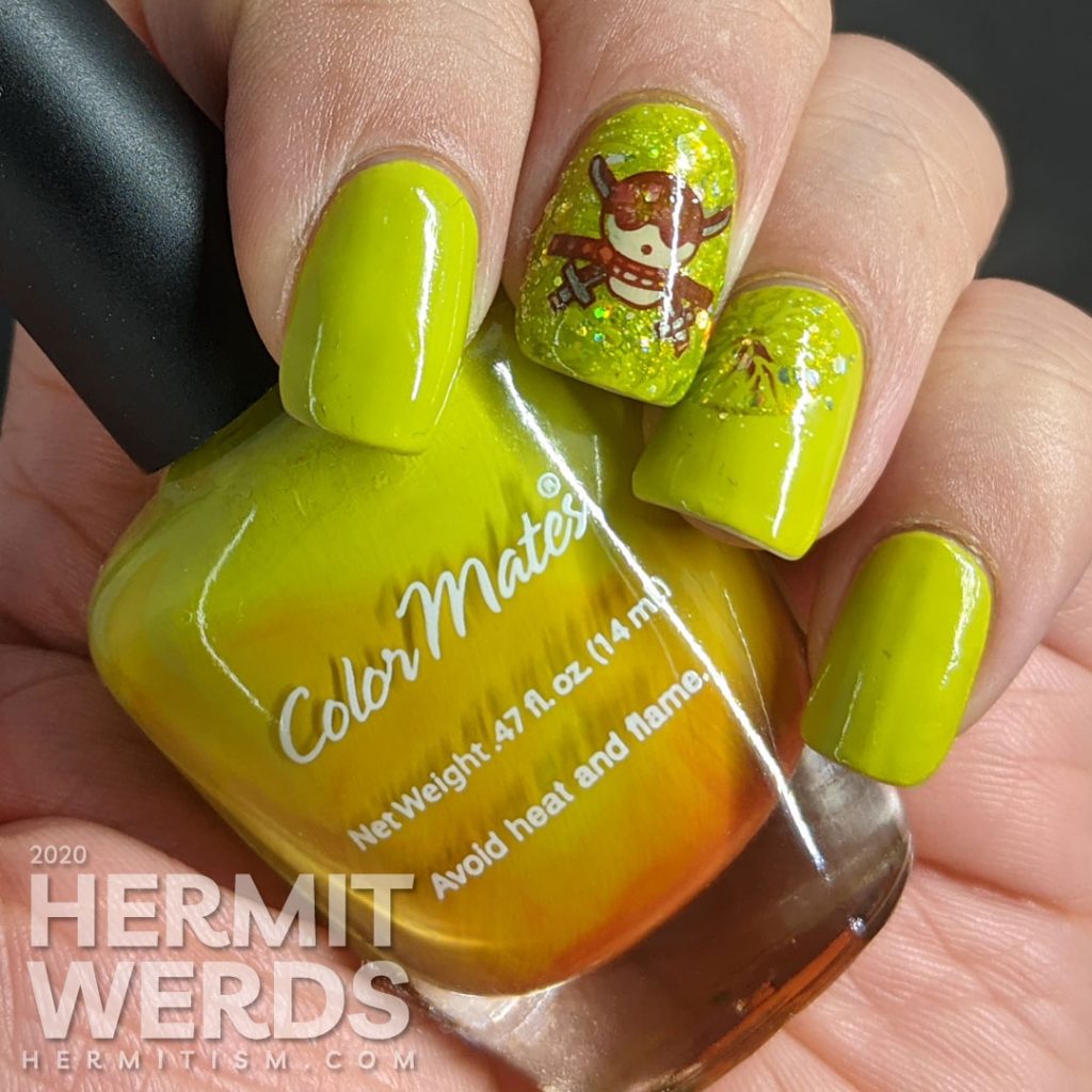 Bright celery green nail art with a skull and crossed swords stamped on top.