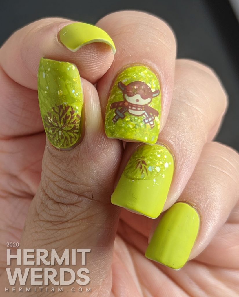 Bright celery green nail art with a skull and crossed swords stamped on top.