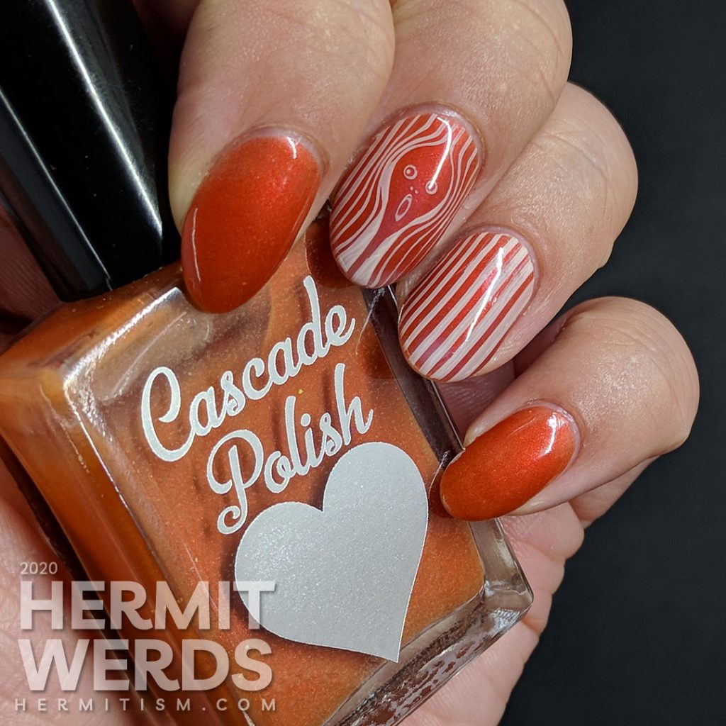 Orange nail art modernist interpretation on The Scream painting by Norwegian Expressionist artist Edvard Munch.