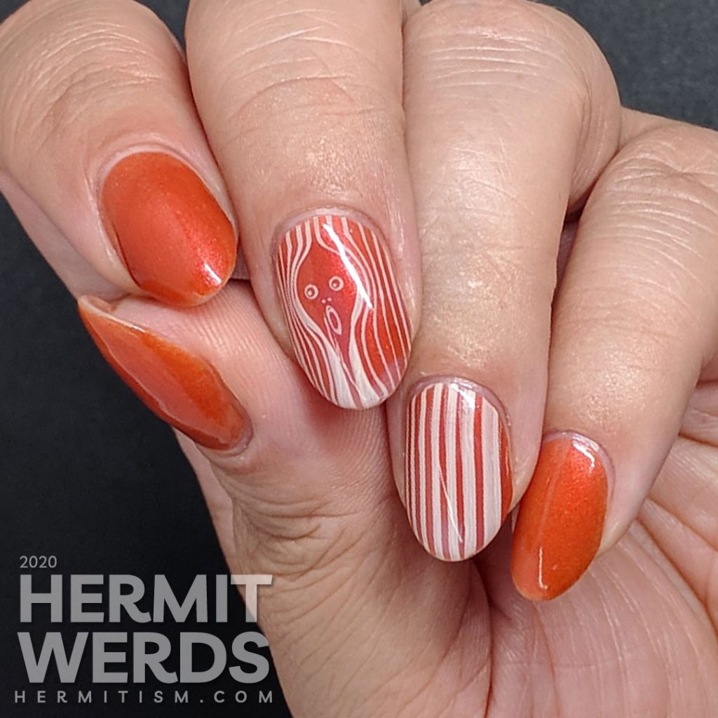 Orange nail art modernist interpretation on The Scream painting by Norwegian Expressionist artist Edvard Munch.