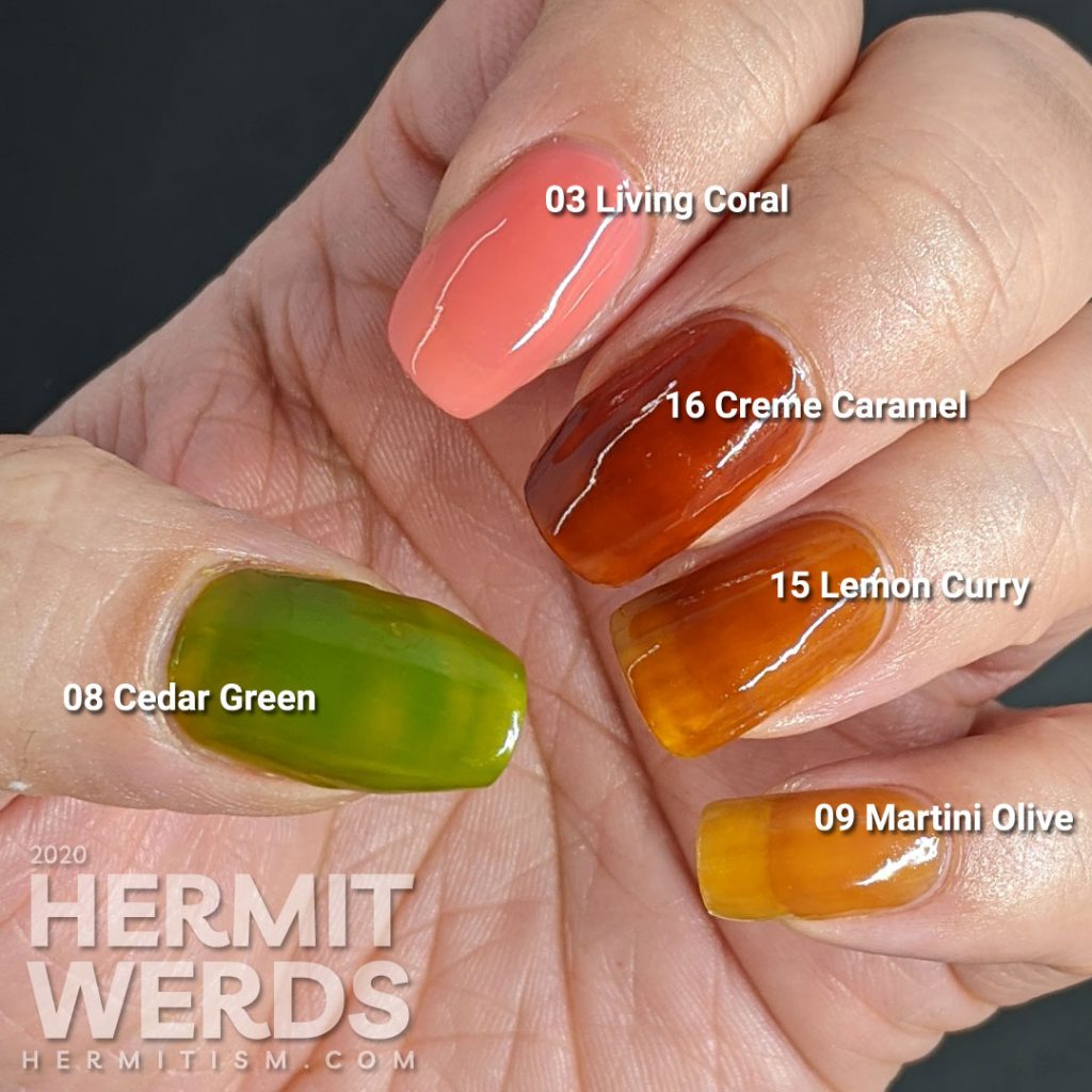 KADS jelly polish swatches: Living Coral, Cereme Caramel, Lemon Curry, Martini Olive, and Cedar Green.