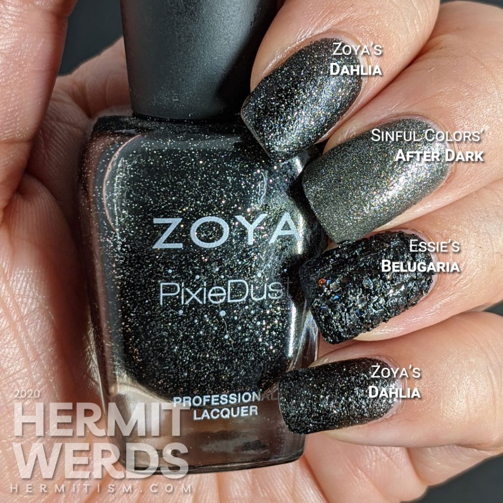 Black texture polish swatches - Zoya's "Dahlia" - Sinful Colors' "After Dark" - Essie's "Belugaria"