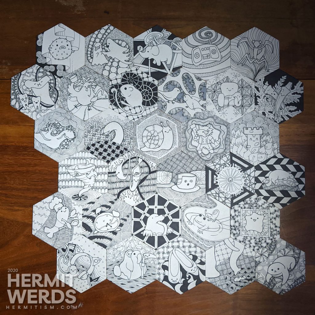 Completed inktober challenge for October 2020 with 31 different hexagonal tiles with cute ink drawings against Zentangle backgrounds.