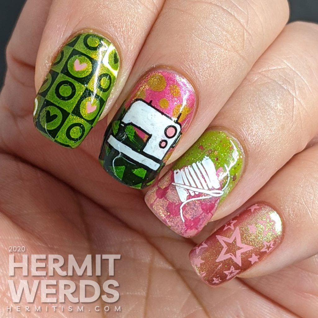 Quilting themed nail art with decals of sewing machine, bobbins, cloth swatches, and patterns to make a beautiful pink and green quilt.