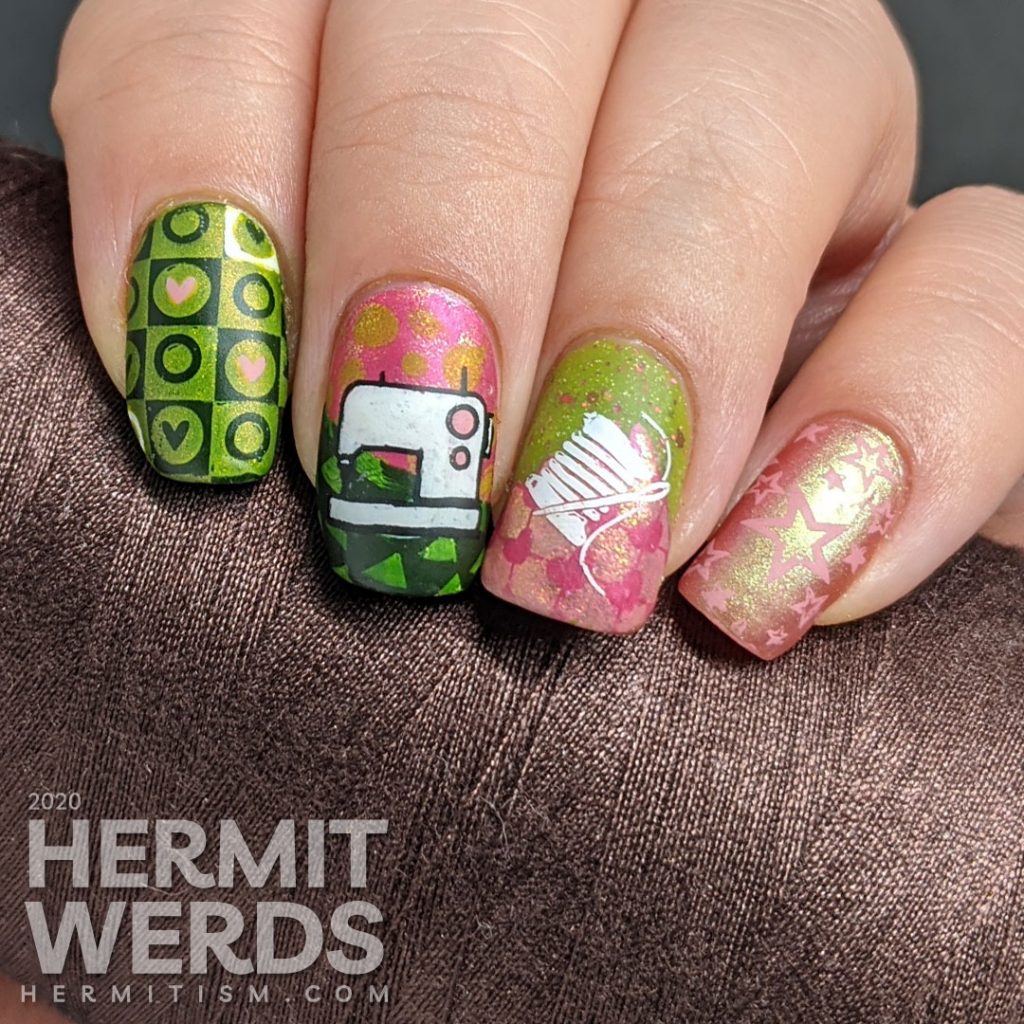 Quilting themed nail art with decals of sewing machine, bobbins, cloth swatches, and patterns to make a beautiful pink and green quilt.