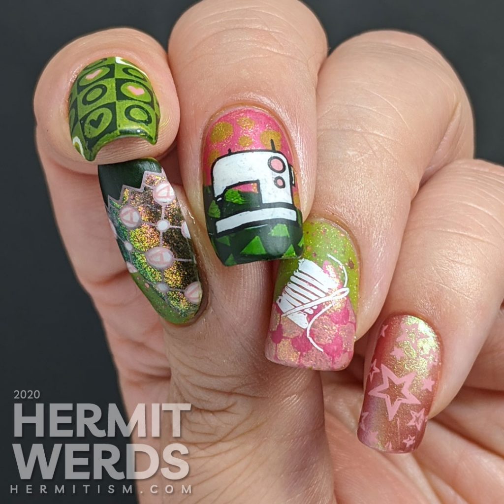 Quilting themed nail art with decals of sewing machine, bobbins, cloth swatches, and patterns to make a beautiful pink and green quilt.