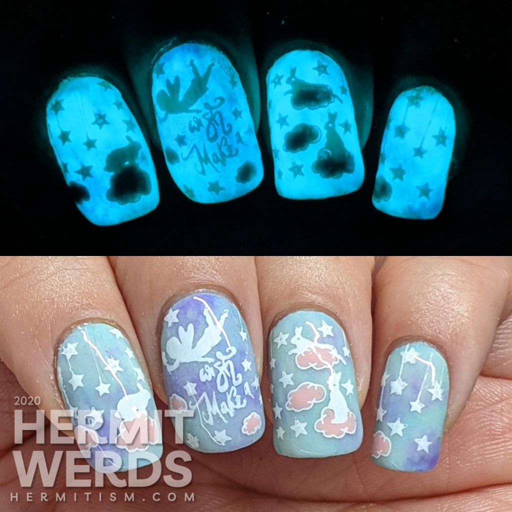A soft blue, purple, and pink nail art of cute bunnies living in the clouds with an aqua glow in the dark special effect.