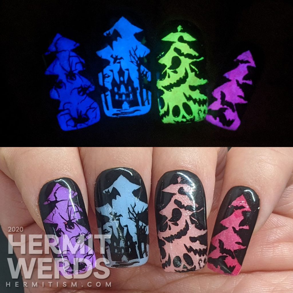 A rainbow glow in the dark mani of silhouetted Halloween images of bats, jack-o-lanterns, haunted castle, spiders, and eyeball candy glowing out from a Christmas tree frame.