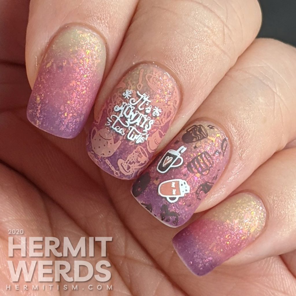 A champagne to rose to purple thermal polish combined with stamping decals of mugs, tea pots, and Alice falling endlessly.