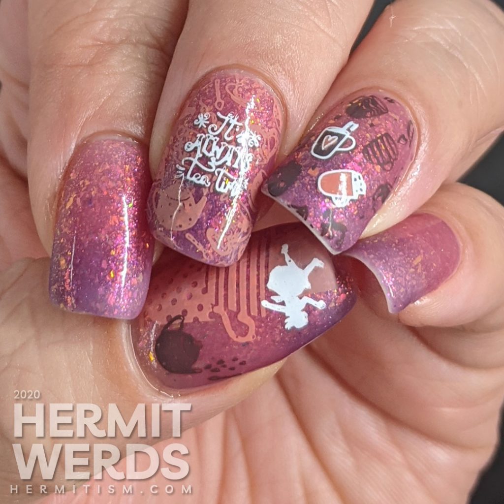 A champagne to rose to purple thermal polish combined with stamping decals of mugs, tea pots, and Alice falling endlessly.