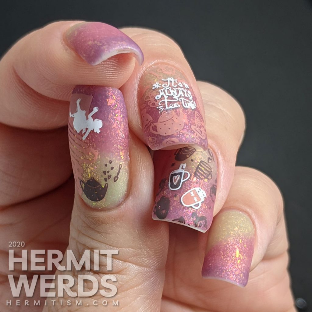 A champagne to rose to purple thermal polish combined with stamping decals of mugs, tea pots, and Alice falling endlessly.