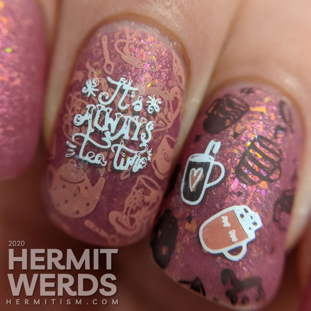 A champagne to rose to purple thermal polish combined with stamping decals of mugs, tea pots, and Alice falling endlessly.