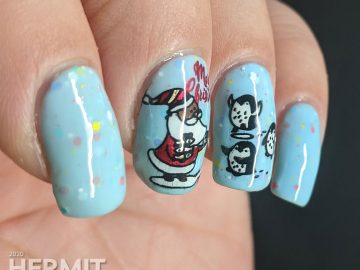 Nail art of Santa handing out fishy presents to cute penguins for Christmas and another penguin celebrating New Years on a blue crelly background.